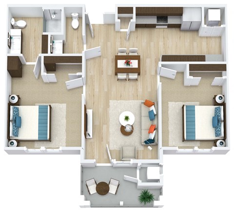 Floor plan for 2 beds, 1.5 baths, 969 sqft
